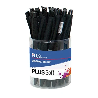 Imagen de PLUS Office Bolígrafos Soft Pack de 25 Retráctiles, Escritura y Tacto ultra suave, Tinta fluida Viscosa, Óptimo para uso oficina, casa escolar, Color Negro Trazo 0,7 mm