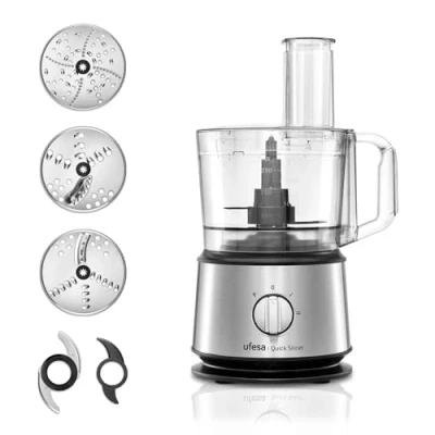 Imagen de Ufesa Quick Slicer Procesador de Alimentos Multifunción 10 en 1, 1200W, 1.5L Capacidad, Cuerpo Inox, x3 Discos Doble Cara, x1 Cuchilla Cortadora, Mezcladora