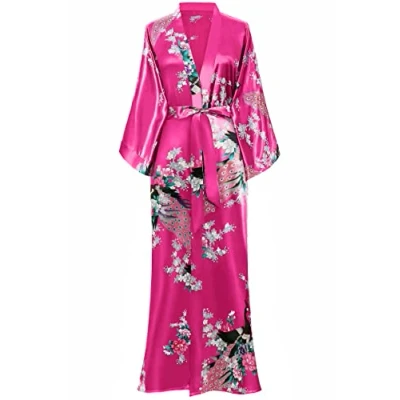 Imagen de ArtiDeco Vestido Kimono Pijama de Seda Novia Ropa dormir Satén Estampado Pavo Real