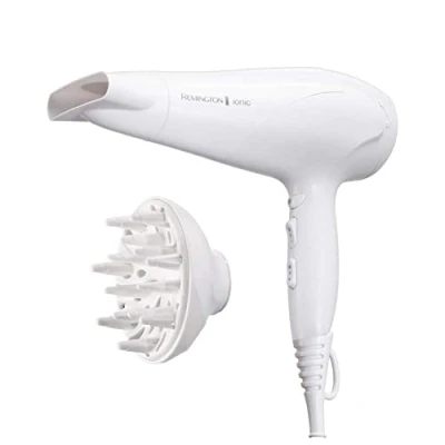 Imagen de Remington Secador de Pelo Ionic Dry 2200, Iónico, Cabello Sin Encrespamiento, 2200 W, Concentrador y Difusor, 3 Temperaturas, 2 Velocidades, Rejilla Trasera Desmontable, Gancho, Blanco, D3199