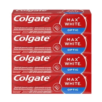 Imagen de Colgate Max White Optic Dentífrico 4X75ml Pasta de dientes blanqueadora Fórmula clínicamente probada Elimina hasta el 100% las manchas superficiales Blanqueo instantáneamente