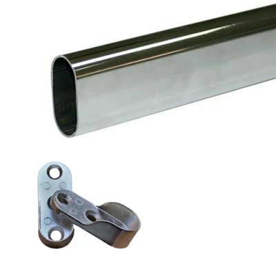 Imagen de Tubo perchero ovalado de 2 metros Barra para armario, armario cromado 15 x 30 mm Kit con 4 soportes laterales