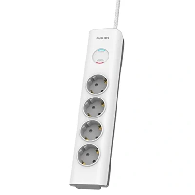 Imagen de Philips SPN7040WA/10 Regleta de 4 Enchufes Schuko, Enchufe Múltiple, Ladrón Alargador, Protección Infantil Sobretensión, Interruptor Encendido/Apagado, Cable 2 Metros Color Blanco