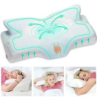 Imagen de Elviros Almohada Cervical de Espuma Viscoelastica Memoria, Ortopedica para Soporte Cuello, Almohadas Ergonómico Dormir Lado y Boca Arriba (Azul, 64 x 38 (12,5/10,5) cm)
