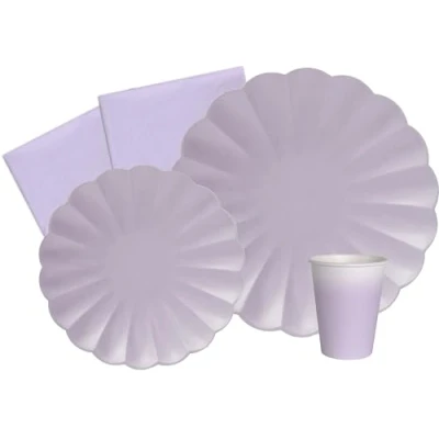 Imagen de Ciao Kit Mesa Fiesta Party Flower Shape 8 pers (44 pzas: Platos, Vasos, servilletas) en Papel compostable, Lavanda púrpura Vajilla Eco Friendly, sólido, Color, personas (AZ106)
