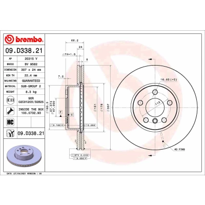 Imagen de BREMBO 09.D338.21 Disco de freno 307 24 5 ventilación interna revestido altamente carbonizado