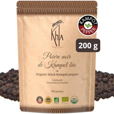 Imagen de Khla Pimienta Negra de Kampot 200g en Grano Orgánica Grand Cru, Rara y Delicada Ingrediente Cocina Directo del Productor Especia Asiática Origen Camboya