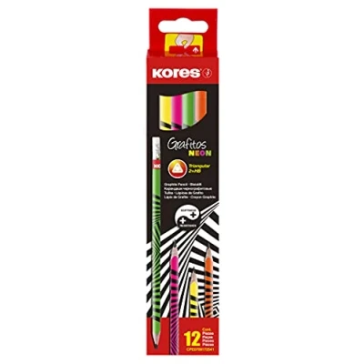 Imagen de Kores juego de lápices grafito, neón Grafitos, HB, suaves, triangulares, dibujo, lápices, suministros arte, paquete 12 con goma