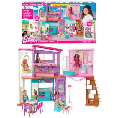 Imagen de Barbie Casa Malibú de muñecas plegable 2 pisos con 6 habitaciones y muebles, incluye 30 accesorios, juguete regalo +3 años (Mattel HCD50)