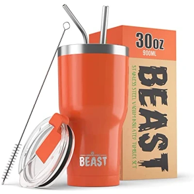 Imagen de BEAST Termo Café para Llevar 900ml I Naranja Taza Térmica de Acero Inoxidable Reusable Viajera Doble Pared al Vacío 2 Pajitas y Cepillo Limpieza