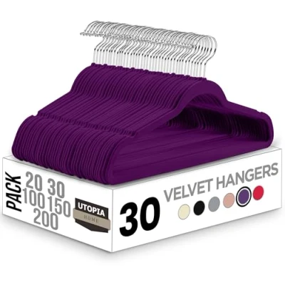 Imagen de Utopia Home Perchas de Terciopelo, Resistentes, Antideslizantes y con Gancho Giratorio 360 Grados (Paquete 30 Unidades, Color Violeta)