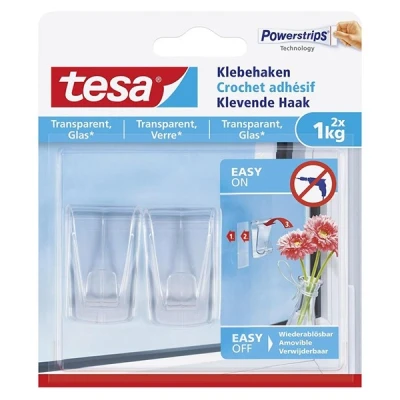 Imagen de tesa 77735 00000 00 Gancho Adhesivo Transparente para, por Ejemplo, Cristal, 1 kg de Capacidad retención, Blanco, Set 2 Piezas