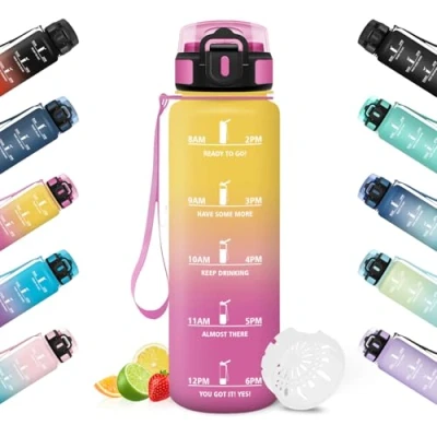 Imagen de HoneyHolly Botella Agua, 1L, Marcador de Tiempo, Portátil, Cantimplora, Reutilizable, Agua Gimnasio, A Prueba Fugas, Cantimplora para Ciclismo, Oficina y Exteriores
