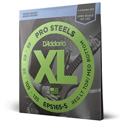 Imagen de D&#039;Addario EPS165 5 XL ProSteels Regular Custom Ligero (.045 .135) String Electric Bass Guitar Strings, Escala larga
