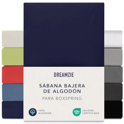 Imagen de Dreamzie Sabanas 140x200 cm 160x200 cm, Sabana Bajera para Colchones de hasta 37 Altura, 100% Algodon 150 g/m² Azul Oscuro Certificada sin Productos Químicos (Oeko Tex)