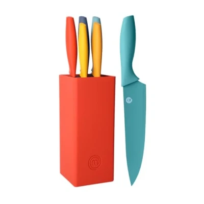 Imagen de MasterChef Juego de Cuchillos Cocina con Soporte Taco Universal Set para Pan, Cebollero, Chef, Carne y Pelar, en Acero Inoxidable, 5 Piezas, Negro, Stainless Steel, Multicolori, Tacto Suave