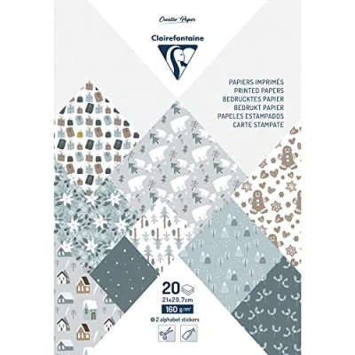 Imagen de Clairefontaine 95282C Bloc de 20 Hojas con Patrones Polares Navideños Formato A4 (21x29,7cm) 160g + Pegatinas Alfabeto Idea Creativa Papel Scrapbooking Ocio Creativo