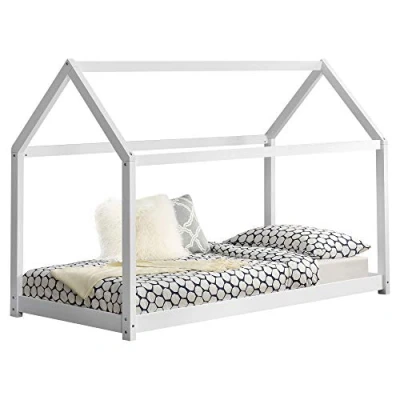 Imagen de Cama para niños de Madera Pino 206x98x142cm Infantil Forma casa Blanco Mate