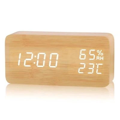 Imagen de VORRINC Despertador Digital de Madeira LED relógio viagem com 3 alarmes/indicador Temperatura/humidade, brilho, Mesa cabeceira Quarto