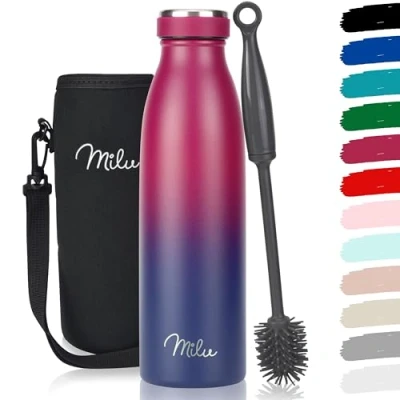 Imagen de Milu botella de acero inoxidable 350ml 500ml 750 ml 1 L 1,5 agua aislada, termo a prueba fugas, doble pared, apta para ácido carbónico + cepillo limpieza (Azul Baya, 500ml)