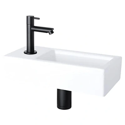 Imagen de Differnz Helios lavabo pequeño de cerámica blanco negro grifería izquierda lavabo, grifo agua fría 37,5 x 18 9,5 cm