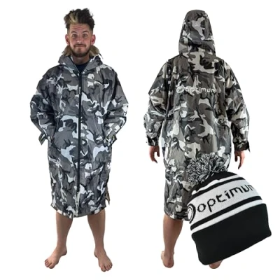 Imagen de Optimum Drywrap Bata cambiadora de manga larga secado rápido, resistente al viento y agua, poncho gran tamaño, ideal para actividades aire libre playa, unisex, Camuflaje gris S, S