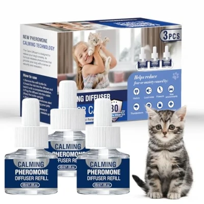 Imagen de Feromonas para Gatos Anti Estres Tranquilizante Difusor De Gato Calmante Perros Antiestres ArañAzos Soluciona Signos EstréS del Miedos Cambios Marcaje Orina Conflictos Entre 3 X 48 Ml Recambios（M）