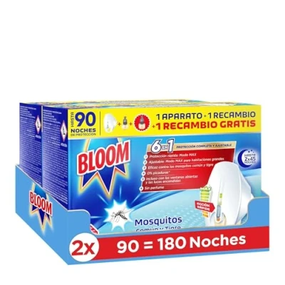 Imagen de Bloom insecticida eléctrico Líquido Doble Eficacia (2 aparatos + 4 recambios), para mosquitos común y tigre, fórmula concentrada sin perfume