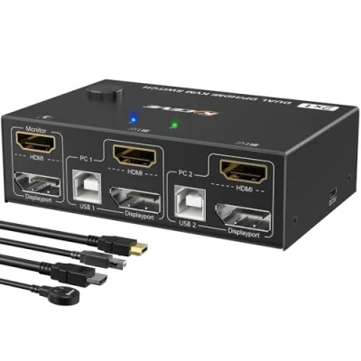 Imagen de Conmutador KVM Switch dual monitor HDMI+Displayport 4K a 60Hz, 2K 120Hz MLEEDA USB HDMI DP Extended Display Switcher para 2 computadoras Compartir monitores y 4 puertos 2.0, cable incluidos