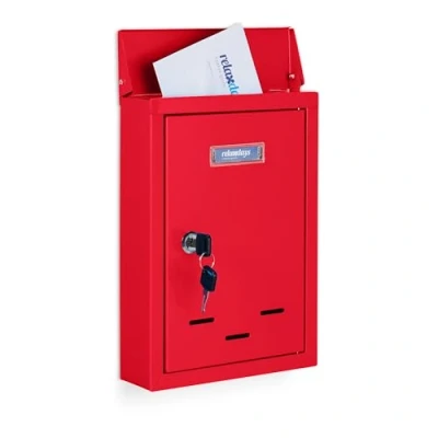 Imagen de Relaxdays Letterbox with Nameplate Buzón Pared Vertical, Placa para Nombres, Metal, con 2 Llaves, de Exterior, Estrecho, 30,5 x 21 7 cm, Rojo