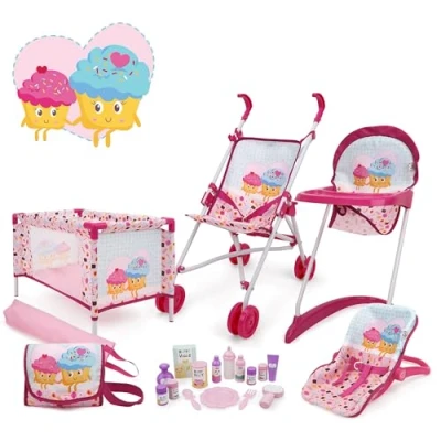 Imagen de 509 Crew Cup Cake Rosa, 21 piezas, juego de muñecas Stroll n Play &amp; Care, combinado: cochecito muñecas, cama viaje, balancín, trona, accesorios alimentación y aseo para a partir
