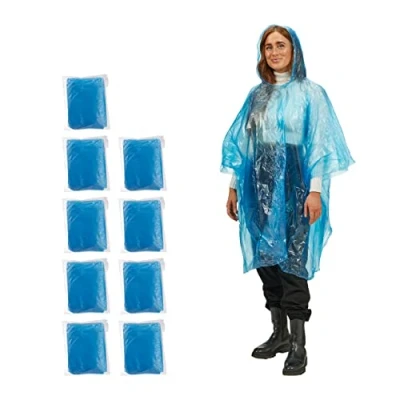 Imagen de Relaxdays Set de 10 Chubasqueros, Capa Lluvia con Capucha, Poncho Impermeable Desechable, Hombre y Mujer, PE, Azul
