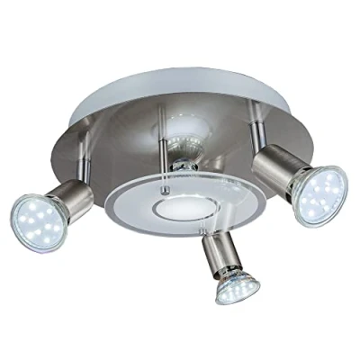 Imagen de B.K.Licht Lámpara plafón LED de forma redonda con 4 focos GU10, 3 exteriores giratorios y 1 central adecuados para una gran variedad habitaciones, 3W 250 lúmenes, 3000K, color níquel mate