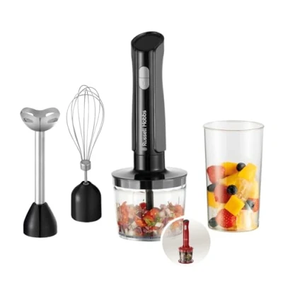 Imagen de Russell Hobbs Batidora de inmersión [batidora mano 3 en 1] Picadora eléctrica (procesador alimentos con accesorios para bebés, batidos, sopa, 2 velocidades + pulso, acero