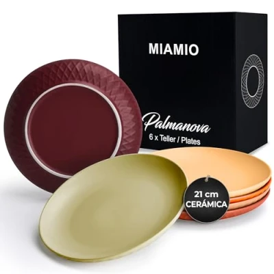 Imagen de MIAMIO Juego de 6 Platos/Vajilla moderna cerámica/Gres Colección Palmanova (21 cm, Rojo)
