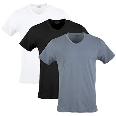 Imagen de Gildan Cotton Stretch V Neck T Shirt bajo la Ropa, Blanco/Negro Russ/Gris Flanell (Pack de 3), M Hombre