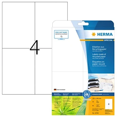 Imagen de HERMA 10706 etiquetas recicladas DIN A4 grandes (105 x 148 mm, 20 hojas, papel reciclado, mate), autoadhesivas, imprimibles, permanentes, 80 de envío, blanco natural