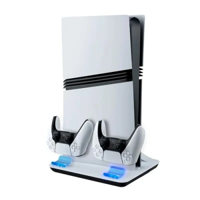 Imagen de Mcbazel Base de Carga y Refrigeración para PS5/PS5 Pro, Estación con 3 Velocidades Luz LED Playstation 5 &amp; Pro Digitales Discos Blanco