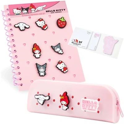 Imagen de Hello Kitty Agenda Personalizable A5 y Estuche Cremallera, Set de Papeleria Kit Escolar con Pins Chibi Notas Adhesivas, Regalos Anime