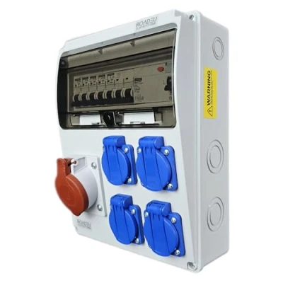 Imagen de RoadEu Distribuidor de corriente para construcción, enchufe CEE 32 A con 4 enchufes Schuko 230 V. interruptor FI y protección línea. Totalmente