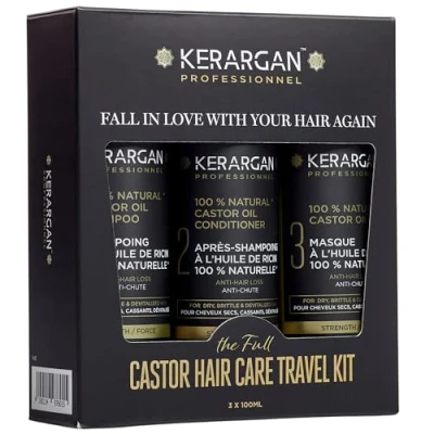 Imagen de Kerargan Kit de Viaje Anti Caída con Aceite Ricino para Estimular el Crecimiento y Reducir la Cabello Seco, Quebradizo Desvitalizado Sin Sulfatos, Parabenos Silicona 3x100ml