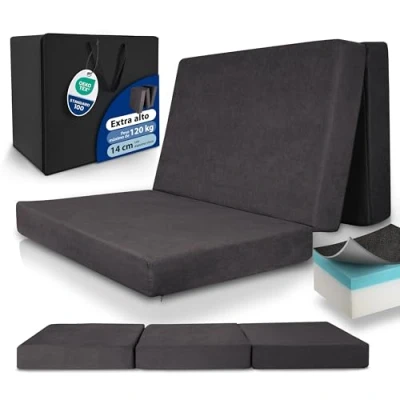 Imagen de Beautissu Premium colchón Plegable 140x200 cm Antracita para Invitados Extra Grueso 14 Espuma viscoelástica, firmeza H3 Gran Comodidad Dormir, Lavable Model XXL