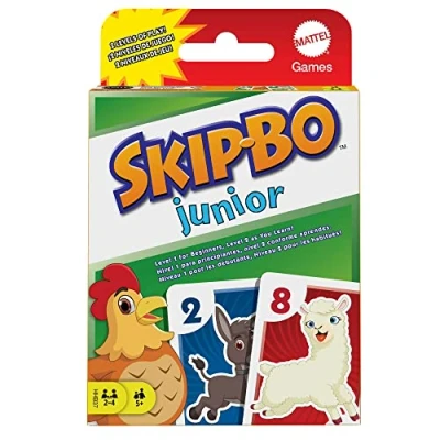 Imagen de Mattel Games juego de cartas Skip Bo Junior, mesa con 2 niveles números y animales, +5 años (HHB37)