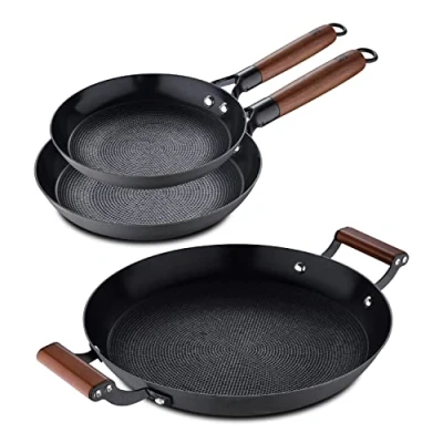 Imagen de MasterPro Odín Juego de sartenes antiadherentes 20 y 24 placa parrilla 28 cm, hierro prensado, mango ergonómico madera acacia, utensilios cocina, para todo tipo fuegos