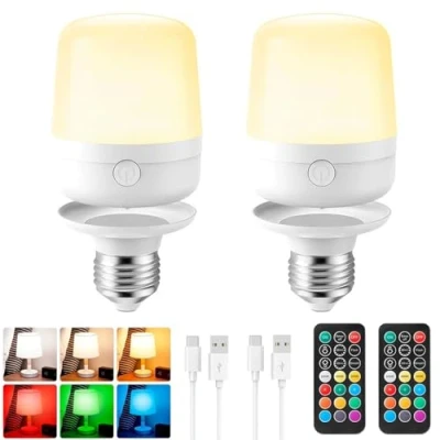 Imagen de Bombilla Batería E27 Con Control Remoto, Recargable USB Magnética Interruptor, Inalámbrico LED Bombillas Regulables Para Lámpara, Color RGB, 400LM, Temporizador, 2600mah,2 PACK