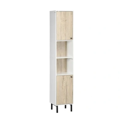 Imagen de kleankin Armario Alto de Baño Columna Auxiliar con 2 Puertas y 6 Estantes para Ducha Aseo Dormitorio Estilo Moderno 31,5x30x169 cm Blanco Roble