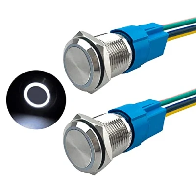 Imagen de Aiqeer 2 Piezas 16 mm Interruptores de Botón Momentáneo, 12V / 24V 5A Interruptor LED Blanco, Pulsador Metálico Impermeable, con Enchufe Precableado