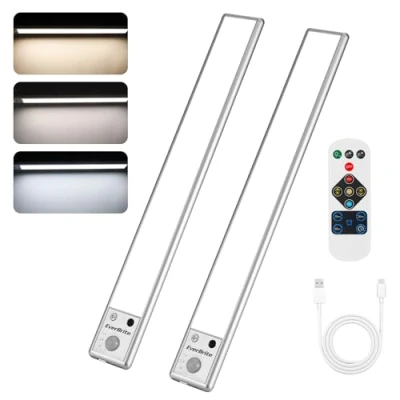 Imagen de EverBrite 2 Piezas Luz Led con Sensor Movimiento, Recargable Control Remoto, 78 LED, 3 Modos, Batería de 2200mAh, Ajustable 3000K/4000K/6500K, para Armario, Escalera, Cocina, Pasillo