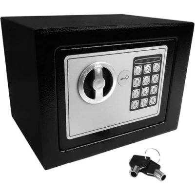 Imagen de Caja fuerte de seguridad electrónica con teclado y cerradura para llave, tornillos anclaje pilas incluidas