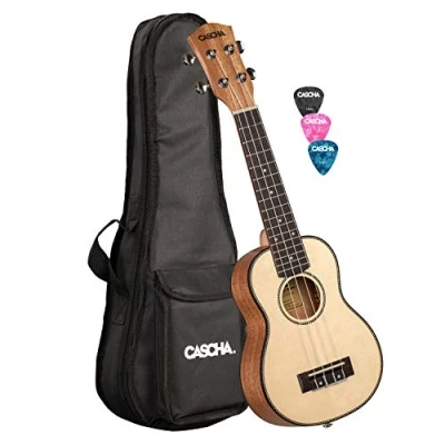 Imagen de CASCHA soprano ukelele, tapa de abeto macizo, juego guitarras Hawaii con cuerdas Aquila, accesorios y 3 púas